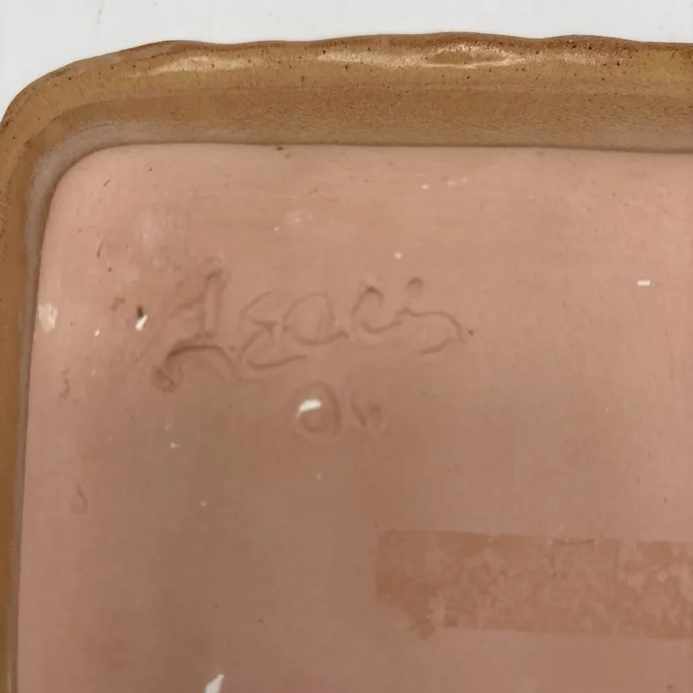 Vintage Signed Studio Pottery Tray Hand Painted Leaf Swirl Motif Terracotta Dish